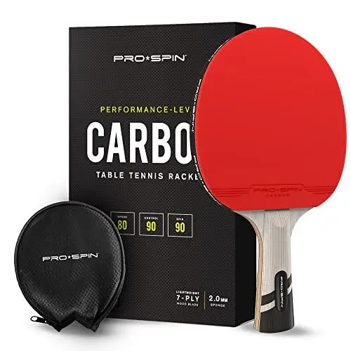 Produktbild: PRO SPIN Carbon Tischtennisschläger | 7-lagiges Schlägerblatt, Offensiv-Gummi, 2,0-mm-Polster, Hochwertige Schutzhülle | Verbessern Sie Ihr Spiel mit dem Elite Series Carbon