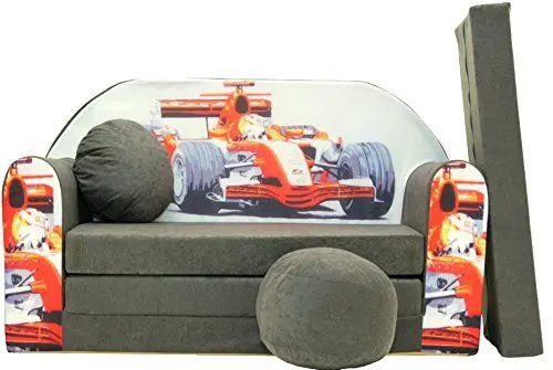 Produktbild: Pro Cosmo umwandelbares Kindersofa – perfekt zum Spielen und Schlafen – mit Abnehmbarer Matratze, Kissen und Pouf – 98x168x59 cm – leicht und einfach zusammenklappbar - A22 - Grau/Rot - F1