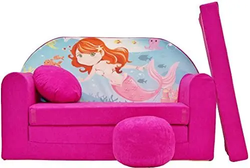 Produktbild: Pro Cosmo Kindersofa Bettfunktion 3in1 Sofa + Gratis Polsterhocker und Kissen Kindermöbel Set - H4 Rosa - Meerjungfrau