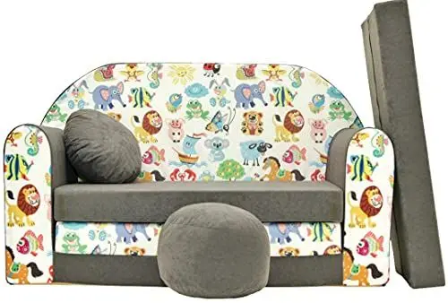 Produktbild: Pro Cosmo umwandelbares Kindersofa – perfekt zum Spielen und Schlafen – mit Abnehmbarer Matratze, Kissen und Pouf – 98x168x59 cm – leicht und einfach zusammenklappbar - A5 Grau - Dschungeltiere