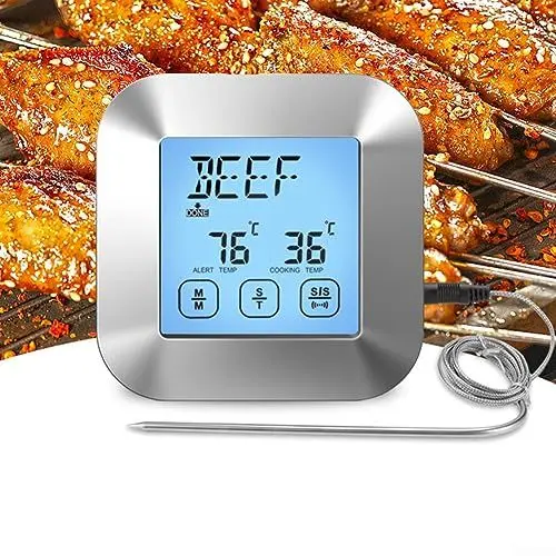 Produktbild: Probe Digitales Lebensmittel-Fleisch-Thermometer, Küchenthermometer, BBQ, digitales Grill-Fleisch-Braten-Thermometer, Timer, LED-Touch-Display, 5 Kochstufen zum Kochen, Grillen