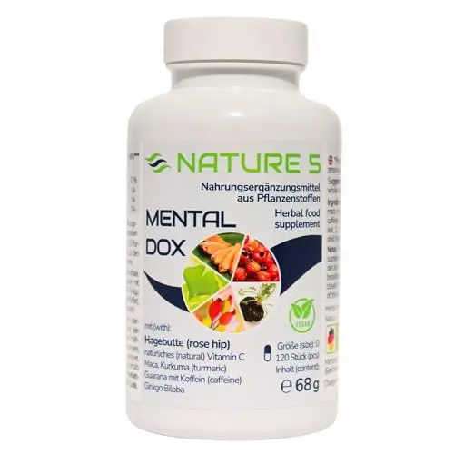 Produktbild: PROBIERANGEBOT MENTALDOX® von Nature 5-120 Kap. - Hagebutte, natürliches Vitamin C, Maca, Guarana, Koffein, Kurkuma & Ginkgo - vegan, in Deutschland hergestellt & geprüft