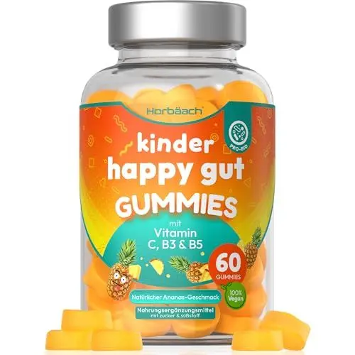 Produktbild: Biotisch Gummibärchen Kinder Bakterienstämme Lactobacillus mit Vitamin C B3 B5 B6 | Darmbakterien | Vegane | Kapseln Alternative | Kinderkomplex | Ananasaroma | 60 Kids Biotic Gummies | Horbaach