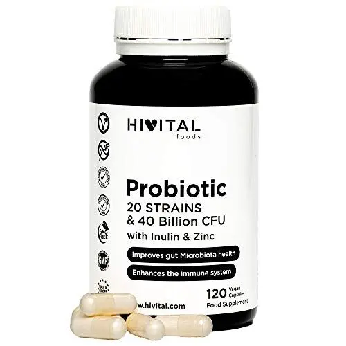 Produktbild: Probiotikum 20 Stämme, 40 Milliarden KBE mit Inulin und Zink. 120 magensaftresistente vegane Kapseln für eine 2-monatige Kur. Probiotika und Präbiotika. Hergestellt von HIVITAL
