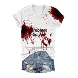 Produktbild: Problem Gelöst Halloween T-Shirt Damen Blutiges Shirt Horror T Shirts,T Shirt Blutspritzer Halloween,V-Ausschnitt Kurzarm Bluse,T-Shirts Für Damen Halloween,Baumwolle Casual Shirts,Sweatshirt
