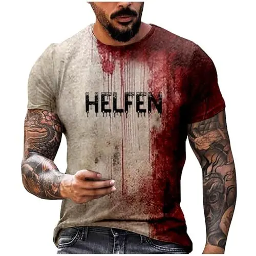 Produktbild: Problem Gelöst Halloween T-Shirt für Herren Langarm Rundhalsausschnitt Blutspritzer Muster Oberteile Entsetzen Blutig Bedruckt Casual Hemd Tops Übergröße