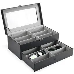 Produktbild: ProCase 2 Schichten Brillenbox 12 Sonnenbrillen-Organizer Displaybox Aufbewahrungsbox Brillenhalter aus Leder Brillen Schatulle Brillenkoffer mit Glasdeckel - Schwarz