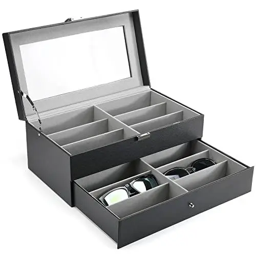 Produktbild: ProCase 2 Schichten Brillenbox 12 Sonnenbrillen-Organizer Displaybox Aufbewahrungsbox Brillenhalter aus Leder Brillen Schatulle Brillenkoffer mit Glasdeckel - Schwarz