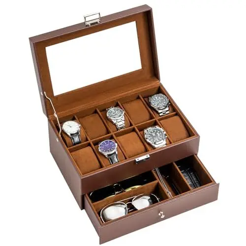 Produktbild: ProCase 2 Schichten Uhrenbox Schmuck Uhr Aufbewahrungsbox mit Glasdeckel, Uhrenkasten schmuckkästchen Uhrenkoffer 10 Fächer und 1 Schublade für Uhren Ringe Armbänder -Espresso