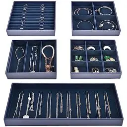 Produktbild: ProCase 5er-Set Schmucktablett Organizer Schmuckschalen, Stapelbar Schmuck Schublade Organizer, Schmuckeinsatz Schmuckaufbewahrung für Halsketten Armbänder Ohrringe Ringe Uhren -Dubkelblau