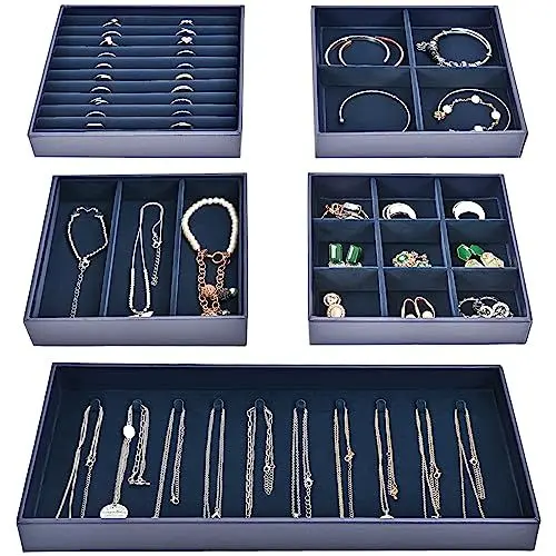 Produktbild: ProCase 5er-Set Schmucktablett Organizer Schmuckschalen, Stapelbar Schmuck Schublade Organizer, Schmuckeinsatz Schmuckaufbewahrung für Halsketten Armbänder Ohrringe Ringe Uhren -Dubkelblau