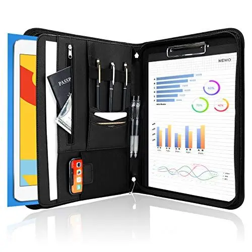Produktbild: ProCase A4 Schreibmappe PU Kunstleder Konferenzmappe Portfolio mit Reißverschluss Klemmbrett Notizblock Business Dokumentenmappe, leichtes, langlebiges Material- Schwarz