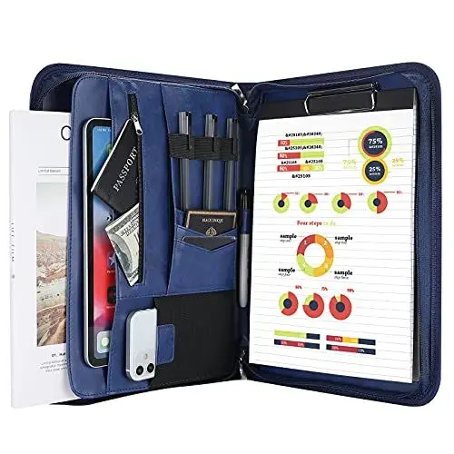 Produktbild: ProCase A4 Schreibmappe PU Kunstleder Konferenzmappe Portfolio mit Reißverschluss Klemmbrett Notizblock Business Dokumentenmappe, leichtes, langlebiges Material- Navy
