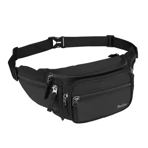 Produktbild: ProCase Bauchtasche Gürteltasche Wasserdicht Hüfttasche für Herren und Damen Klein Nylon Fanny Pack mit 6 Reißverschlusstaschen für Outdoor Reisen Sport Wandern Joggen Hundespaziergänge