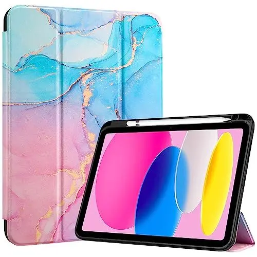 Produktbild: ProCase Hülle für iPad 10. Generation 2022 10,9 Zoll mit Stifthalter, Stoßfeste Smart Case Cover mit transparenter Rückseitenschale Schutzhülle Kompatibel mit ipad 10th Gen -Bluemarble