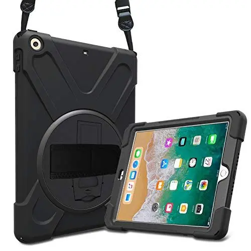 Produktbild: ProCase Hülle mit Handschlaufe für iPad 9.7 2018/2017 6/5 Gen Case, 3 in 1 Robust Heavy Duty Stoßfest Hybrid Full Body Schutzhülle Cover mit 360°Drehständer verstellbar Schultergurt -Schwarz