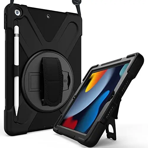 Produktbild: ProCase Hülle mit Stifthalter Gurt Handschlaufe für iPad 10.2 Zoll 2021 9th /2020 8th /2019 7th Gen, Schutzhülle mit Pencil Holder, Stoßfest Robust Case Hybrid Cover -Schwarz