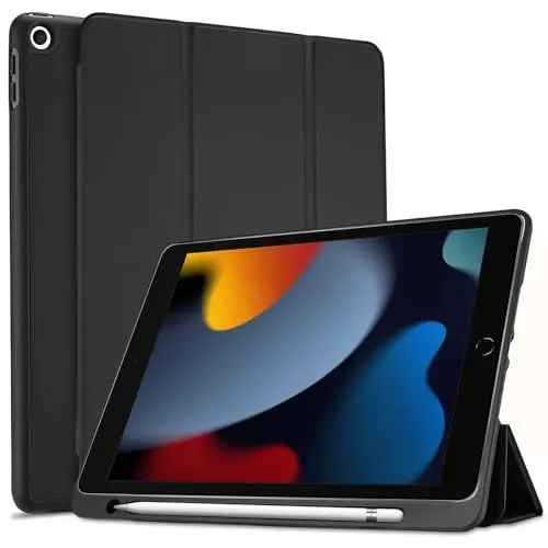 Produktbild: ProCase Klapp Hülle mit Stifthalter für iPad 10.2 Zoll 9th 2021/ 8th 2020/ 7th 2019, Dünn Leicht Schutzhülle Ständer mit Flexibler Weicher TPU-Rücken -Schwarz