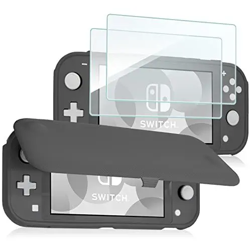 Produktbild: ProCase Klapp Schutzhülle + (2 Stück) Displayschutzfolien für Nintendo Switch Lite 2019, Weich dünn TPU Stoßfest Hülle + 2 Hartglas Blasenfrei Displayschutzfolien aus gehärtetem Glas –Grau