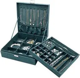 Produktbild: ProCase Schmuck Kästchen Organizer für Frauen, Zwei Schicht Schmuck Display Aufbewahrung Koffer mit 8 Halsketten Bügeln und herausnehmbarem Trennsteg für Ohrringe Armbänder Ringe-Grün