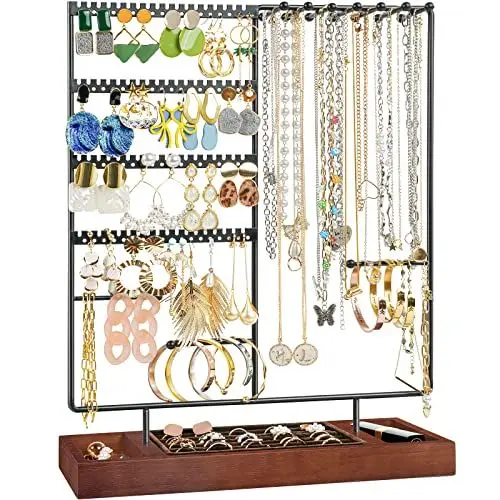Produktbild: ProCase Schmuckständer Ohrringhalter mit 144 Löcher, Schmuckhalter Ohrstecker Ketten Halter Organizer mit herausnehmbarem Ringtablett, Jewelry Aufbewahrung für Halsketten Armbänder Ringe -Schwarz