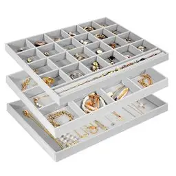Produktbild: ProCase Schmucktabletts Organizer, 3-teiliges Set Schmuckeinsatz für Schubladen, Schmucktablett Stapelbar Schmuck Organizer Schublade für Ohrstecker, Ohrringe, Armbänder, Ringe, Uhren -Grau