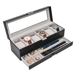 Produktbild: ProCase Uhrenbox mit 6 Fächern，Uhrenkasten mit Glasdeckel, 2 Ebenen, Uhrenkoffer mit herausnehmbaren Uhrenkissen, Uhrenschatulle für Schmuck, Ringe, Armbänder und Halsketten -Schwarz