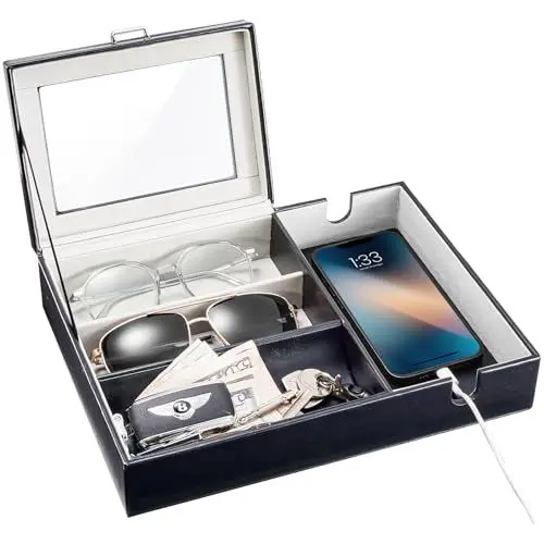 Produktbild: ProCase Valet Tablett, Kunstleder Nachttisch Organizer Schreibtisch Aufbewahrungsbox, Schreibtisch Ordnungssystem Nachttisch Ablage für Schmuck Uhr Schlüssel Geldbeutel Münzen- 1 Lage,schwarz
