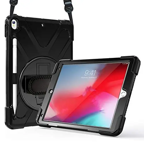 Produktbild: ProCase iPad Air 3 10.5 2019 /iPad Pro 10.5 2017 Hülle Case Handschlaufe,Robust Heavy Duty Stoßfest Hybrid Full Body Schutzhülle Cover, 360°Drehständer und verstellbar Riemen Schultergurt –Schwarz