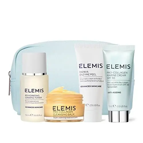Produktbild: ELEMIS Strahlende Pro-Collagen-Kollektion für unterwegs, Geschenk-Set enthält: säubernden Pro-Collagen-Reinigungsbalsam, rehydratisierenden Ginseng-Toner, klärendes Papaya-Enzym-Peeling