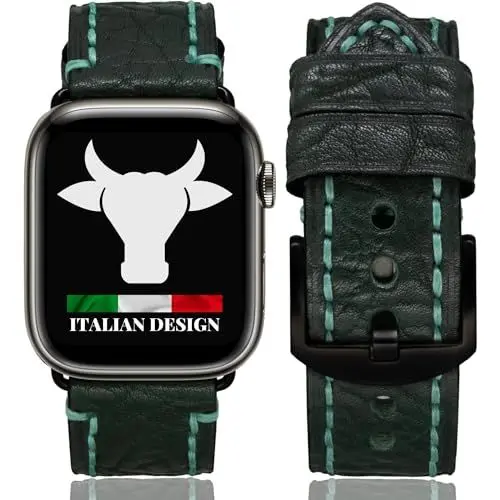 Produktbild: ProdAccs lederarmband Kompatibel mit Apple Watch Armband 45mm / 44mm / 42mm Leder - Series 7 6 5 4 3 - Edition SE Hermes Nike - Iwatch band Geschenke für Damen & Männer (Dunkelgrün / Schwarz)