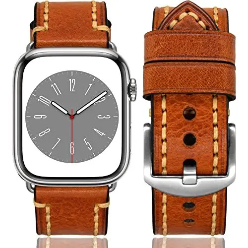 Produktbild: ProdAccs lederarmband Kompatibel mit Apple Watch Armband 45mm / 44mm / 42mm Leder - Series 7 6 5 4 3 - Edition SE Hermes Nike - Iwatch band Geschenke für Damen & Männer (Hellbraun / Silber)