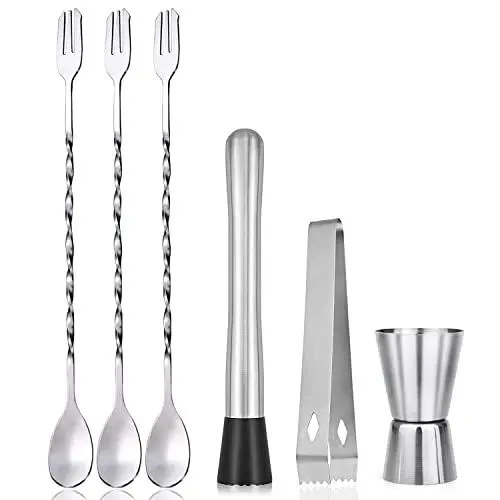 Produktbild: Professioneller Getränkemixer, Mixer-Stößel aus Edelstahl, Rührlöffel,Mixer-Toolkit zum Debuggen köstlicher Cocktails,Getränke und Säfte, 3 Stück Cocktaillöffel Barlöffel, Messbecher, Eine Eiszange