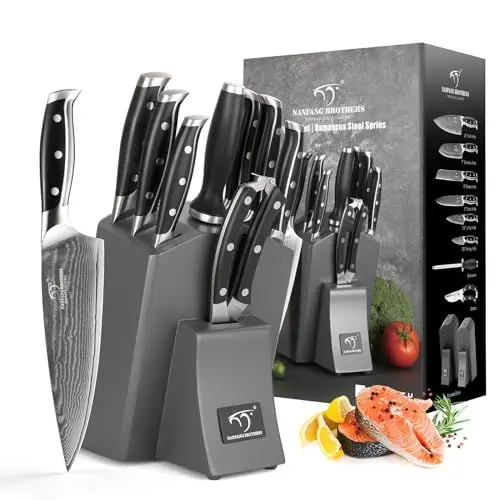 Produktbild: Professionelles Japanisches Damaszener Stahl Küchenmesser Set 9 Teile mit Holzblock, beinhaltet Kochmesser, Brotmesser, Santoku Messer, Allzweck- und Schälmesser, alle in einer Geschenkbox Grau