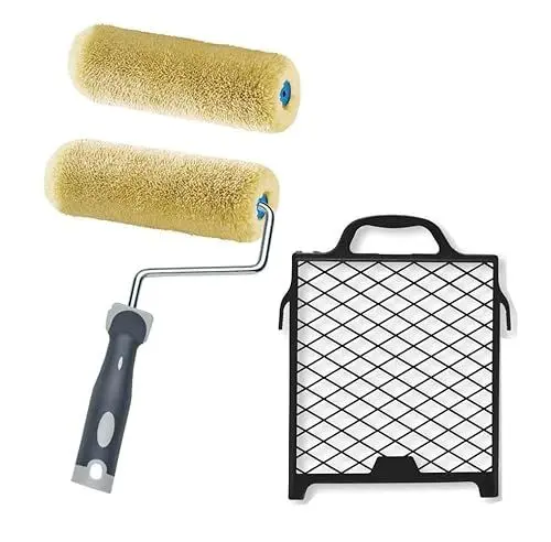 Produktbild: Profi 2 x Malerrolle Malerwalze Farbrolle Maler Walze Rolle 25cm lang mit Haltebügel und Abstreifgitter Grünwalze