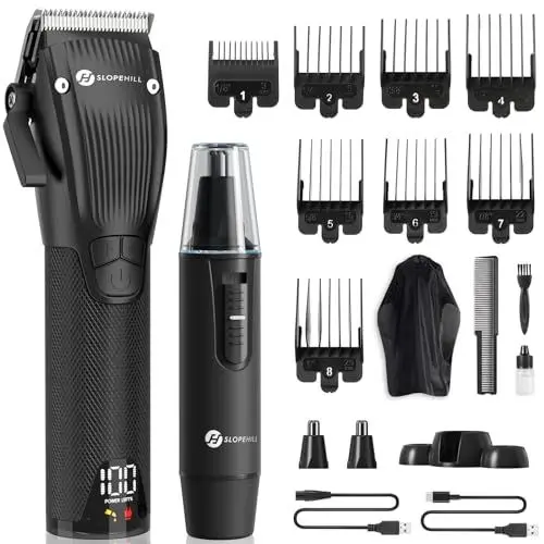Produktbild: Profi Haarschneidemaschine und Nasenhaartrimmer Set für Herren - Slopehill Schnurloser Haarschneider Mit LED -Anzeige, Haartrimmer Nasenhaarschneider Kit für Männer