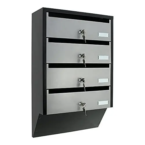 Produktbild: Profirst Cetiri Briefkastenanlage Silber Schwarz Stahlblech Namensschildhalter Zylinderschloss je 2 Schlüssel für 4 Parteien inkl. Befestigungsmaterial