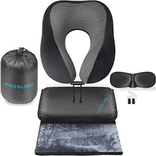 Produktbild: Proglobe Nackenkissen-Reiseset – Reisekissen für Flugreisen, 100% Memory-Schaum mit bequemem und atmungsaktivem Bezug, inklusive 3D-Schlafmaske, Ohrstöpsel und luxuriöser Decke und Tasche