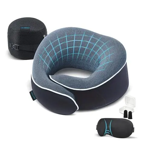 Produktbild: Proglobe Nackenkissen Flugzeug, Reisekissen 100% Memory Foam, Orthopädisches Nackenhörnchen, Für Reisen mit Flugzeug, Auto, Zug, Mit 3D-Schlafmaske, Hochwertige Netztasche (Blau)