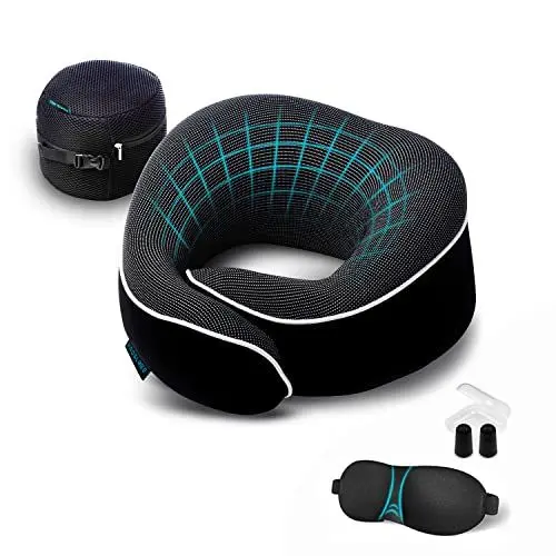 Produktbild: Proglobe Nackenkissen Flugzeug, Reisekissen 100% Memory Foam, Orthopädisches Nackenhörnchen, Ideal für Reisen mit Flugzeug, Auto, Zug, Mit 3D-Schlafmaske, Hochwertige Netztasche (Schwarz)