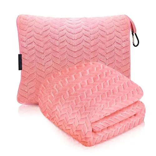 Produktbild: Proglobe Weiche & Warme Reisedecke für Flugzeug & Auto - Unentbehrlich für Lange Flüge für Frauen, Männer, Kinder - Kompaktes Kissen mit Gepäckhülle & Rucksackclip, Rosa