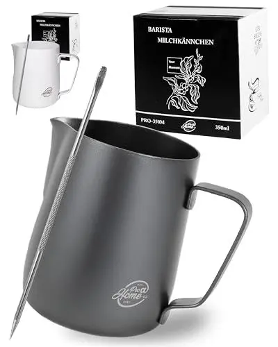 Produktbild: Pro@Home43® Barista Edelstahl Milchkännchen schwarz anthrazit 350ml (auch 600ml) inkl. Latte Art Stift/Milchschaumkännchen in Geschenkbox