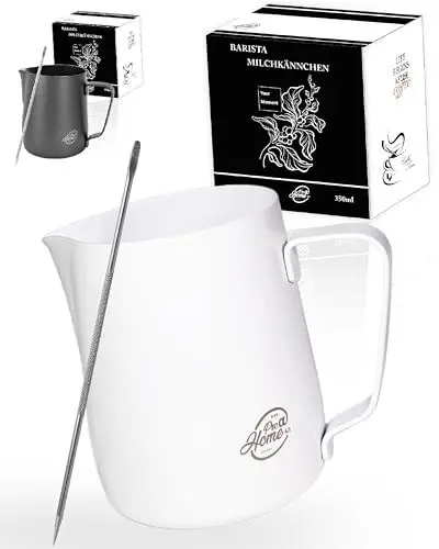 Produktbild: Pro@Home43 Barista Edelstahl Milchkännchen weiß 350ml (auch 600ml) inkl. Latte Art Stift/Milchschaumkännchen in Geschenkbox