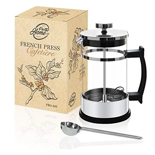Produktbild: Pro@Home43 French Press Kaffeebereiter 0,6L für 4 Tassen (auch 0,35L), Glas Kaffeepresse, Tee und Kaffeezubereiter, inkl. Edelstahl Kaffeelöffel und Geschenkbox