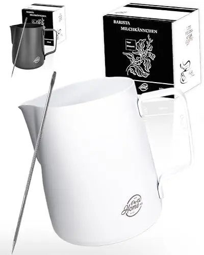 Produktbild: Pro@Home43 - Barista Milchkännchen Edelstahl weiß 600ml (auch 350ml) inkl. Latte Art Stift/Milchschaumkännchen in Geschenkbox