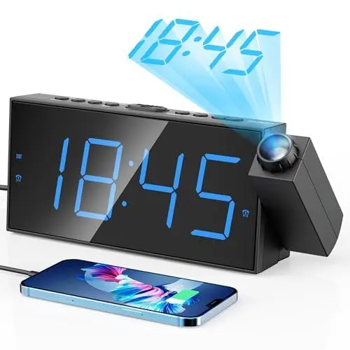 Produktbild: Projektionswecker, 7-Zoll-Digitalanzeige und -dimmer, Doppelalarme, USB-Anschluss, einstellbare Alarmlautstärke, Snooze, 12/24, Batterie-Backup für Schlafzimmer, Decke, Wand, Haus, Kinder, Senioren