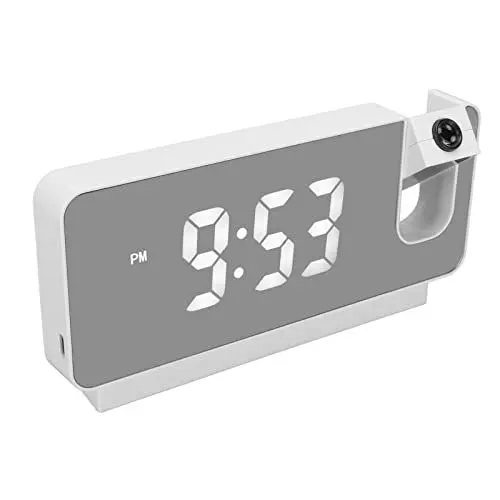 Produktbild: Projektionswecker für Schlafzimmer, 180° Projektor Digitalwecker mit Großem LED Bildschirm, Digitaluhr HD LED Wecker mit Uhrzeit Datum Temperaturuhr für Schwerschläfer (Weiß)