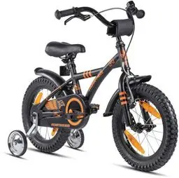 Produktbild: PROMETHEUS BICYCLES Kinderfahrrad 14 Zoll ab 4 Jahren - Kinder Fahrrad Mädchen Jungen Fahrrad Kinder mit Stützräder Rücktrittbremse in Schwarz Matt Orange