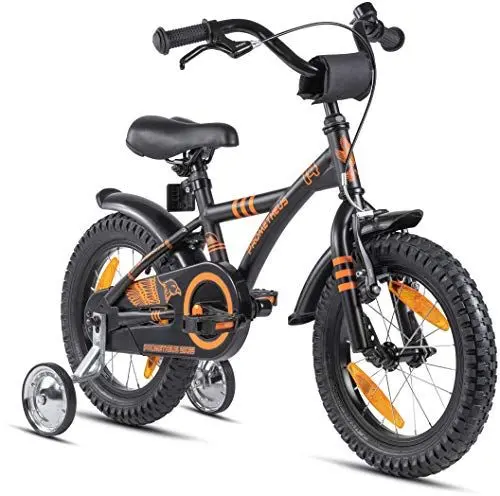 Produktbild: PROMETHEUS BICYCLES Kinderfahrrad 14 Zoll ab 4 Jahren - Kinder Fahrrad Mädchen Jungen Fahrrad Kinder mit Stützräder Rücktrittbremse in Schwarz Matt Orange