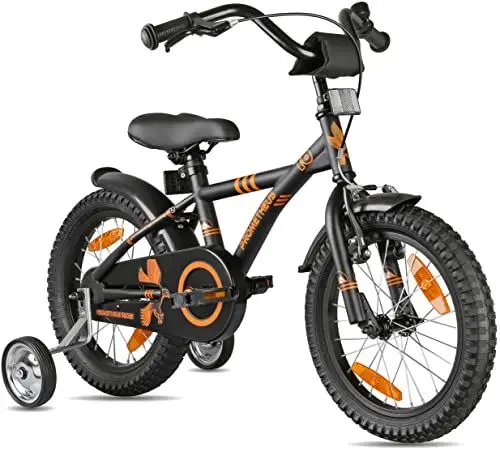 Produktbild: PROMETHEUS BICYCLES Kinderfahrrad 16 Zoll ab 5 Jahren - Kinder Fahrrad Mädchen Jungen Fahrrad Kinder mit Stützräder Rücktrittbremse in Schwarz Matt Orange